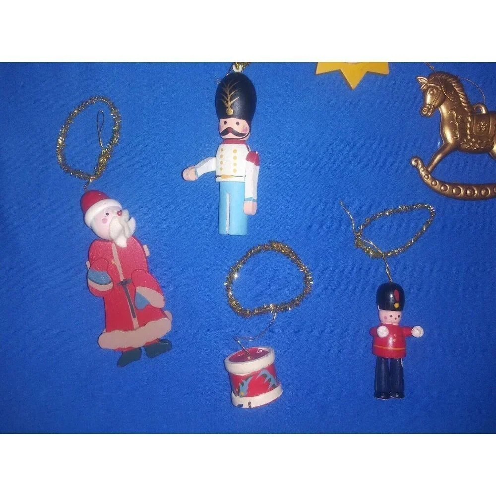 Christmas ornaments lot of 7 Vintage wooden soldiers Santa drum horse miniature